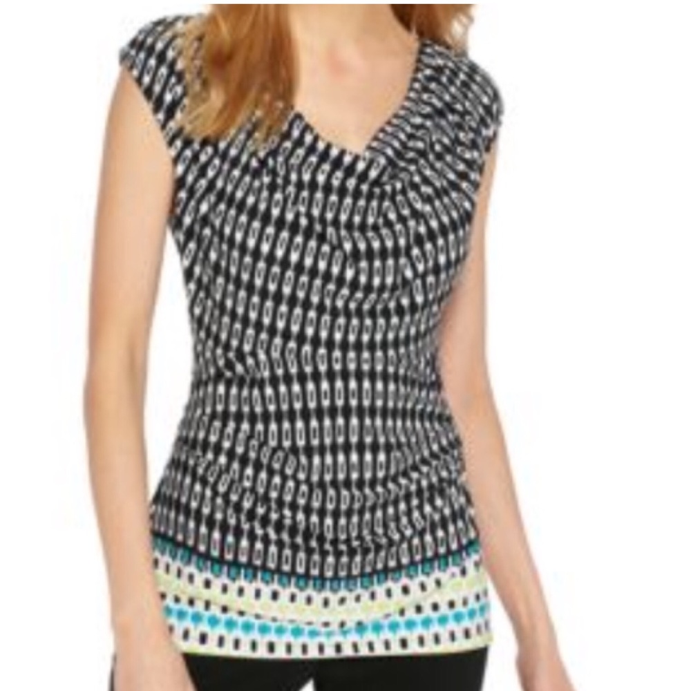 THE LIMITED Ruched Cowl Neck Tribal Ikat Print Multicolored Cap Sleeve Top